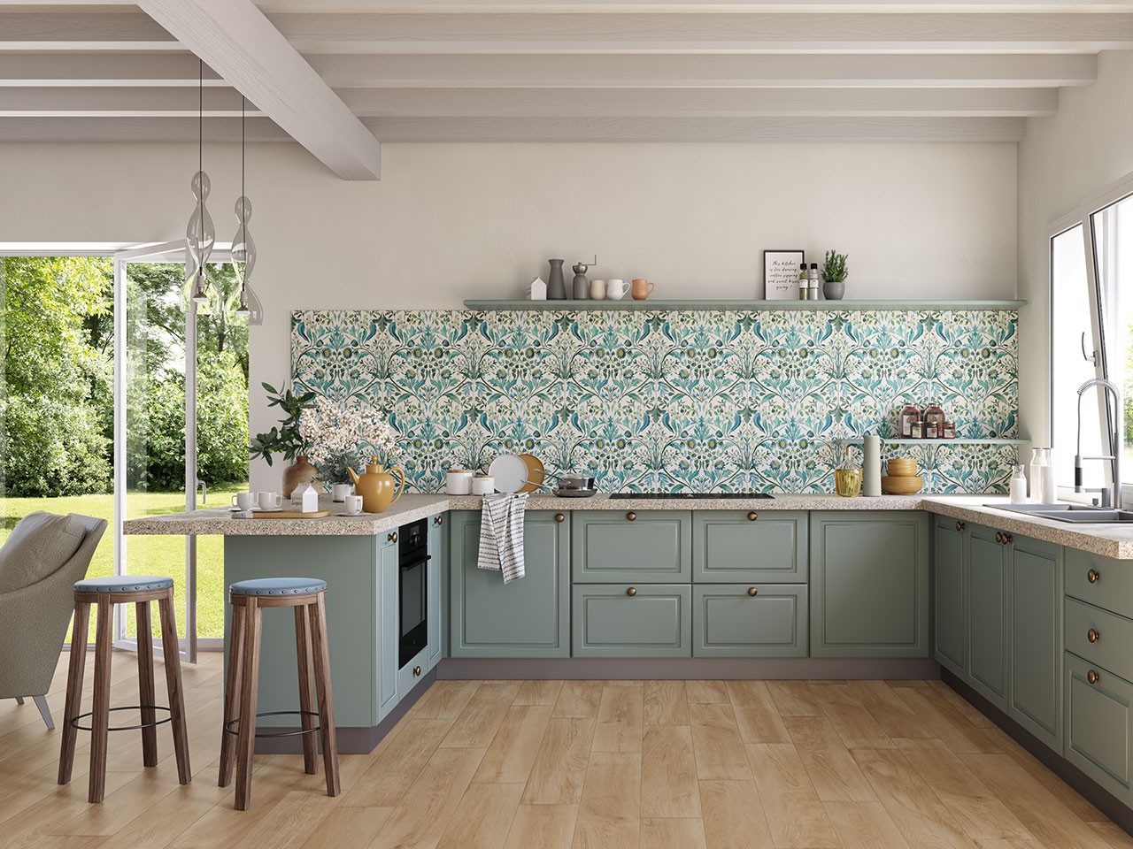 Le vert est au centre de la décoration et des revêtements de cuisine