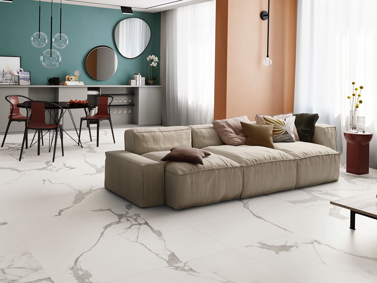 Idées pour un salon avec un sol en grès cérame effet marbre