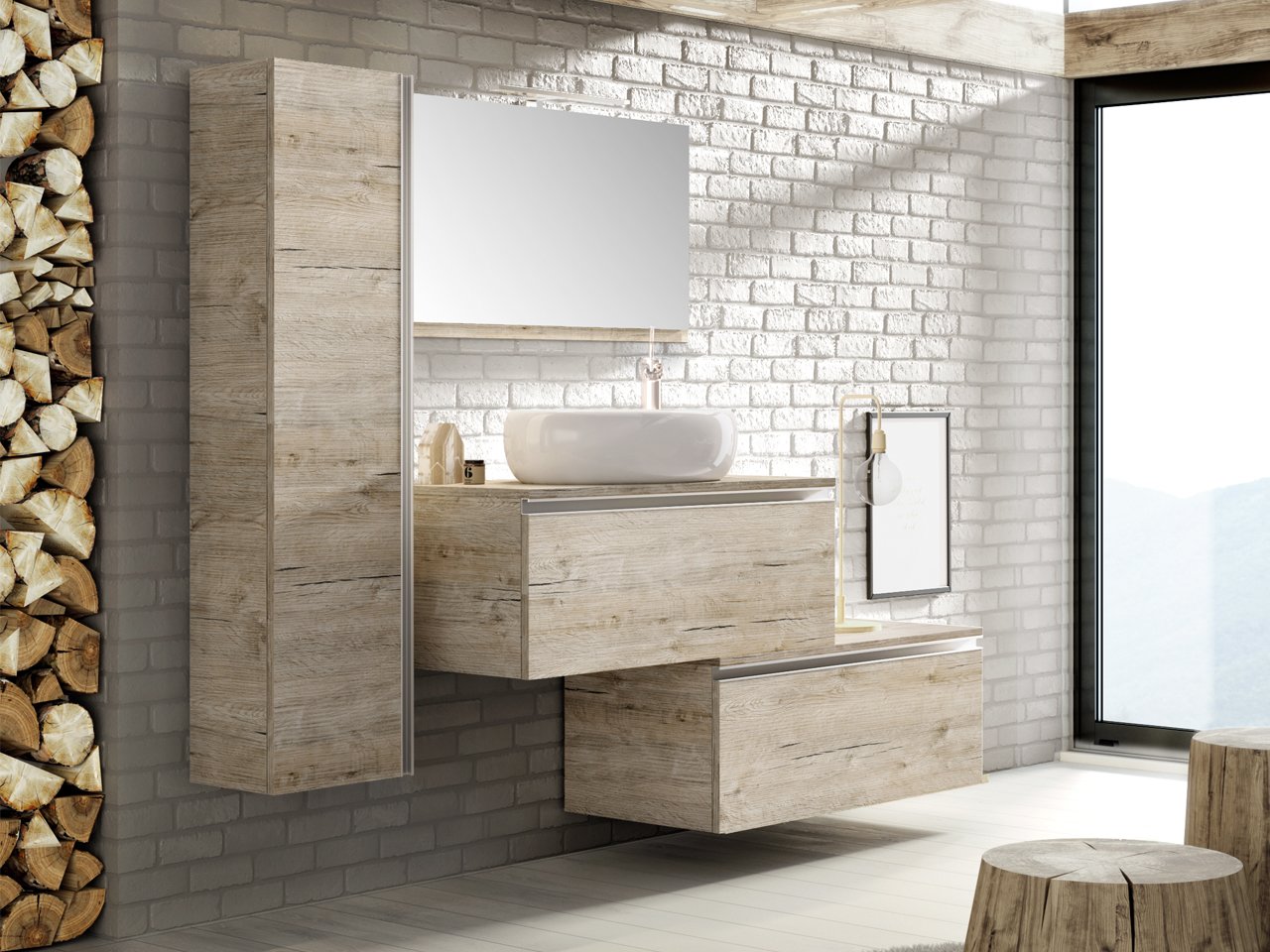 Mobile bagno sospeso moderno in laminato effetto legno rustico 