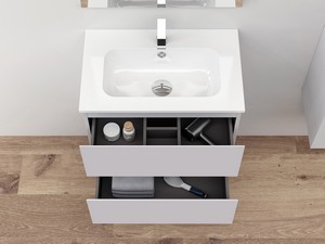 Meuble salle de bains gain de place MAREA 60 P38 cm 2 tiroirs gris mat avec lavabo en résine blanc brillant