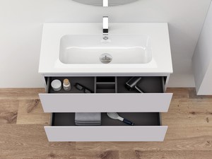 Meuble salle de bains gain de place MAREA 80 P38 cm 2 tiroirs gris mat avec lavabo en résine blanc brillant
