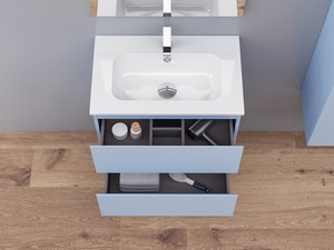 Meuble salle de bains gain de place MAREA 60 P38 cm 2 tiroirs bleu mat avec lavabo en résine blanc brillant