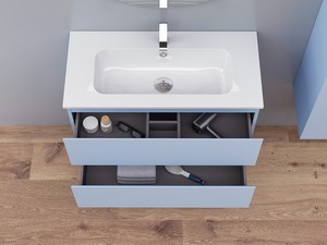Meuble salle de bains gain de place MAREA 80 P38 cm 2 tiroirs bleu mat avec lavabo en résine blanc brillant