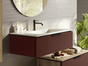 Meuble salle de bains TOUCH 90 cm 1 tiroir rouge grenat mat et lavabo intégré HIDE blanc mat
