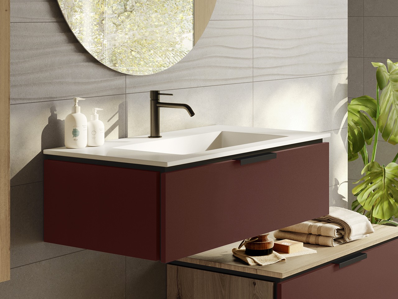 Meuble salle de bains TOUCH 90 cm 1 tiroir rouge grenat mat et lavabo