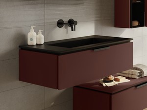 Badmöbel TOUCH 90 cm 1 Schublade Ziegelrot und integriertes Waschbecken HIDE mit Steinoptik Schwarz halbglänzend