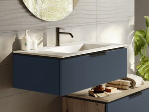 Badmöbel TOUCH 90 cm 1 Schublade Blau und integriertes Waschbecken PLANO Weiß glänzend