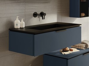 Badmöbel TOUCH 90 cm 1 Schublade Blau und integriertes Waschbecken HIDE mit Steinoptik Schwarz halbglänzend