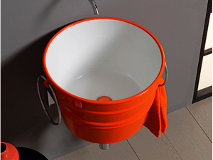 Hänge-/Aufsatzwaschbecken Bacile Ø46,5 cm H30 mit Ringen aus glänzender orangener Keramik