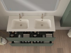 Meuble salle de bains FARO 120 cm cannelé vert mat et lavabo Unitop en résine SLIM blanc brillant