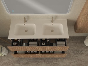 Meuble salle de bains FARO 120 cm cannelé chêne tabac et lavabo Unitop en céramique ANDY blanc brillant