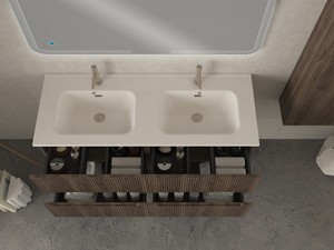 Meuble salle de bains FARO 120 cm cannelé noyer et lavabo Unitop en résine SLIM blanc brillant