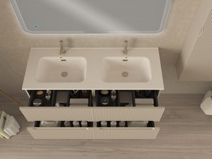 Meuble salle de bains FARO 120 cm cannelé blanc coton et lavabo Unitop en résine SLIM blanc brillant