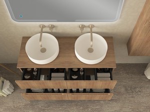 Meuble salle de bains FARO 120 cm cannelé chêne tabac avec plan pour vasque à poser