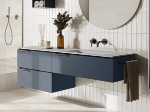 Badmöbel TOUCH 160 cm 3 Schubladen Blau und rechtes Unitop-Waschbecken aus Harz Weiß matt