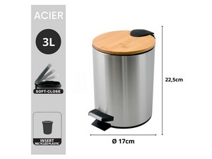 ADONIS TRASH CAN WITH PEDAL 17X22,5 CM BRUSHED STEEL/WOOD