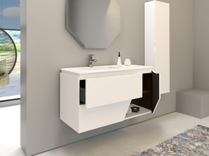 Meuble salle de bains LUX L106 cm sur pieds avec 2 tiroirs, 1 porte et lavabo Unitop en résine - finition blanc mat