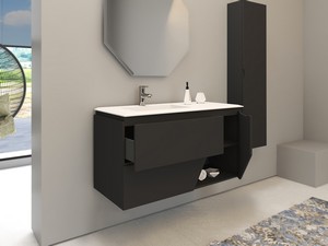 Meuble salle de bains LUX L106 cm suspendu avec 2 tiroirs, 1 porte et lavabo Unitop en résine - finition graphite mat