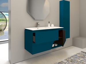 Hängebadmöbel LUX L106 cm mit 2 Schubladen, 1 Tür und Unitop-Waschbecken aus Harz – Ausführung Petrolblau matt
