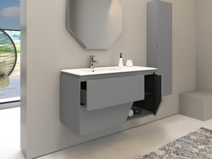 Meuble salle de bains LUX L106 cm suspendu avec 2 tiroirs, 1 porte et lavabo Unitop en résine - finition gris mat