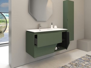 Meuble salle de bains LUX L106 cm suspendu avec 2 tiroirs, 1 porte et lavabo Unitop en résine - finition vert mat