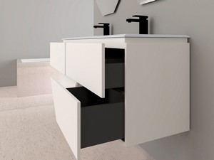 Meuble salle de bains LUX L140 cm suspendu avec 4 tiroirs et lavabo Unitop double vasque en résine - finition blanc mat