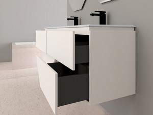 Mobile Bagno LUX L140 cm sospeso con 4 Cassetti e Lavabo Unitop Doppia Vasca in Resina - finitura Bianco Opaco