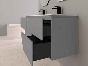 Meuble salle de bains LUX L140 cm suspendu avec 4 tiroirs et lavabo Unitop double vasque en résine - finition gris mat
