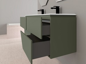 Meuble salle de bains LUX L140 cm suspendu avec 4 tiroirs et lavabo Unitop double vasque en résine - finition vert mat