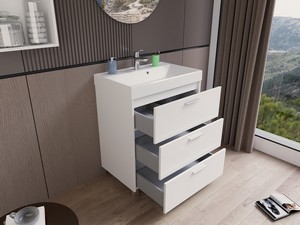 GARDENIA L70 CM FLOOR-STANDING BATHROOM CABINET WITH 3 DRAWERS AND RESIN UNITOP WASHBASIN - GLOSSY WHITE FINISH