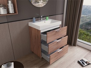 GARDENIA L70 CM FLOOR-STANDING BATHROOM CABINET WITH 3 DRAWERS AND RESIN UNITOP WASHBASIN - WALNUT FINISH