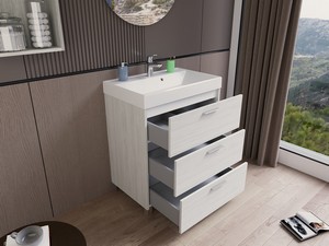 GARDENIA L70 CM FLOOR-STANDING BATHROOM CABINET WITH 3 DRAWERS AND RESIN UNITOP WASHBASIN - CREAM ELM FINISH