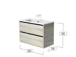 CAMPIGLIO 80/T39 cm Badmöbel mit 2 Schubladen in grauer Holzoptik und Unitop-Waschtisch aus polierter weißer Keramik