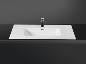Badmöbel AVIVO 90 cm 2 Türen gerippt Eiche hell mit Waschbecken SMART aus Keramik Weiß glänzend.