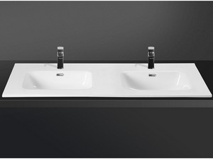 Badmöbel AVIVO 120 cm 2 Türen gerippt Eiche hell mit Waschbecken 2 Becken aus Keramik SMART Weiß glänzend.