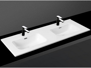 Waschbecken Smart Unitop 121x46,5 cm mit Doppelbecken aus Keramik Weiß glänzend