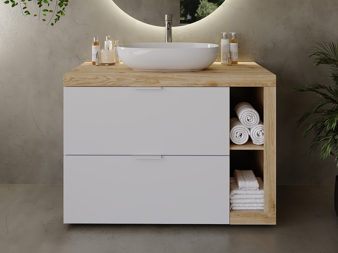 Meuble salle de bains Link 110 cm à poser chêne/blanc mat avec plan