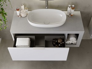Meuble salle de bains Link 110 cm suspendu pierre gris/blanc mat avec plan pour vasque à poser