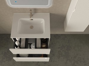 Meuble salle de bains FARO 60 cm cannelé blanc mat et lavabo Unitop en résine SLIM blanc brillant