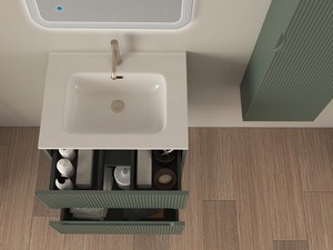 Meuble salle de bains FARO 60 cm cannelé vert mat et lavabo Unitop en céramique ANDY blanc brillant