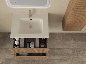Meuble salle de bains FARO 60 cm cannelé chêne tabac et lavabo Unitop en céramique ANDY blanc brillant