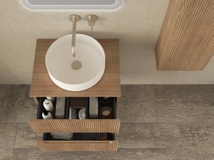 Meuble salle de bains FARO 60 cm cannelé chêne tabac avec plan pour vasque à poser