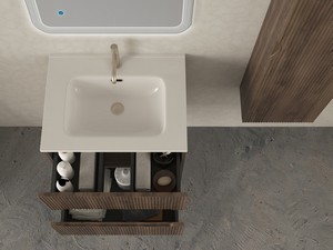 Meuble salle de bains FARO 60 cm cannelé noyer et lavabo Unitop en céramique ANIKA blanc brillant