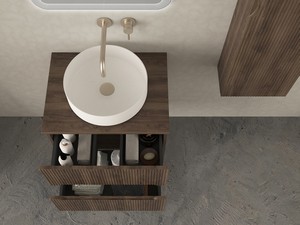 Meuble salle de bains FARO 60 cm cannelé noyer avec plan pour vasque à poser