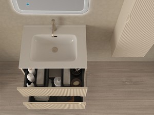 Meuble salle de bains FARO 60 cm cannelé blanc coton et lavabo Unitop en résine HIDE P46 blanc mat