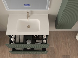 Meuble salle de bains FARO 80 cm cannelé vert mat et lavabo Unitop en céramique ANDY blanc brillant