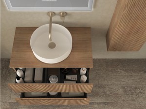 Meuble salle de bains FARO 80 cm cannelé chêne tabac avec plan pour vasque à poser