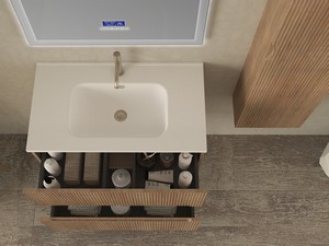 Meuble salle de bains FARO 80 cm cannelé chêne tabac et lavabo Unitop en résine HIDE P46 blanc mat