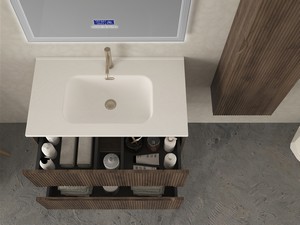 Meuble salle de bains FARO 80 cm cannelé noyer et lavabo Unitop en résine HIDE P46 blanc mat