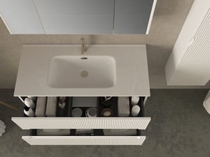 Meuble salle de bains FARO 100 cm cannelé blanc mat et lavabo Unitop en céramique ANDY blanc brillant